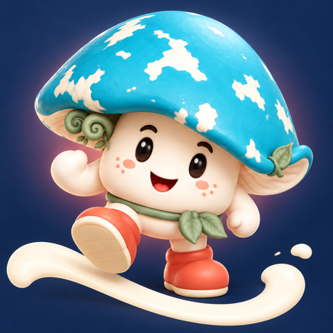 A small cream mushroom with a blue, cream-spotted cap and coral boots, hopping along a swoosh of ink.